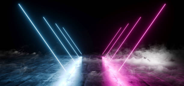 istock Smoke Fog Dark Empty Black Triangle Neon Glowing Laser Fluorescent Virtual Reality Blue Purple Vibrant Lights On Grunge Concrete Reflective Floor Empty Hall Room Tunnel 3D Rendering 1140847857