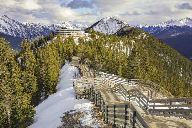 деревянные лестницы boardwalk и далекие снежные вершины на горе серы гондола над городом банф в канадских скалистых горах - banff gondola стоковые фото и изображения