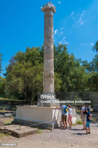 Ionic Column Of The Echo Portico Famous Building For Its Acoustics In The Archaeological Site Of Olympia In Greece Stock Photo - Download Image Now