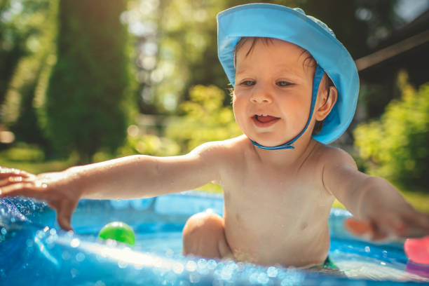 istock Cute little boy having fun in swimming pool at back yard in summer 1140854803