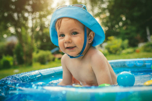istock Cute little boy having fun in swimming pool at back yard in summer 1140854825