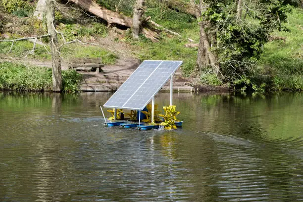 Solar powered water aerator for improving the oxygen content of lakes and ponds.