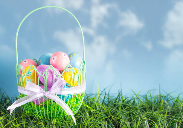 istock An Easter Basket Filled with Diecorated Eggs on a Clear Blue Sky Spring Day 1140857736