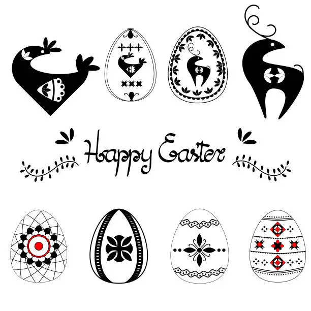 Vector illustration of Easter template set with easter eggs hand drawn letters and leaves, black on white background. Decorative elements collection with folk art eggs.  vector.