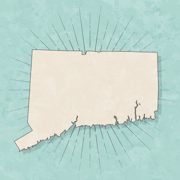 Connecticut map in retro vintage style - Old textured paper Map of Connecticut in a trendy vintage style. Beautiful retro illustration with old textured paper and light rays in the background (colors used: blue, green, beige and black for the outline). Vector Illustration (EPS10, well layered and grouped). Easy to edit, manipulate, resize or colorize. connecticut stock illustrations