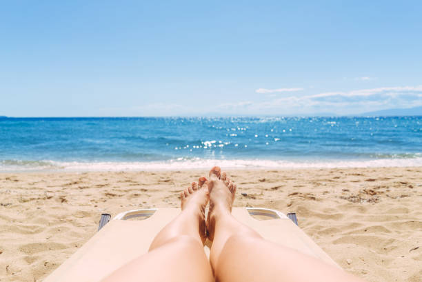 Beautiful sea view Relaxing on the beaches of Nea Flogita, with hot sand below and clear sky above halkidiki beach stock pictures, royalty-free photos & images