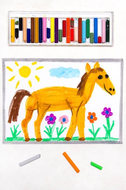 istock Colorful drawing: cute smiling horse in the pasture 1140861101