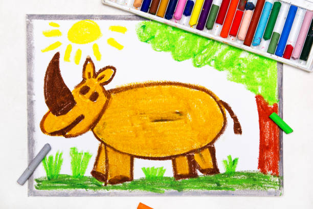 Colorful drawing: cute smiling rhinoceros in forest