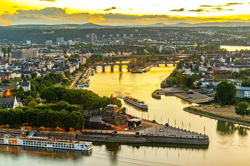 Sunset aerial view of confluence of Rhein and Mosel rivers in Koblenz, Germany