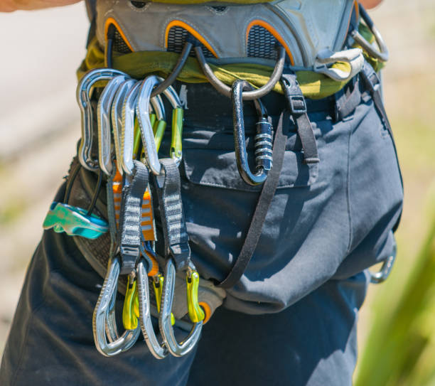 istock Mountaineering safety equipment hanging on harness 1140863291