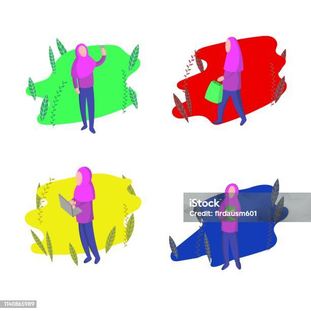 Set Of Abstract Muslim Women Stock Illustration - Download Image Now - Hijab, Walking, Abstract