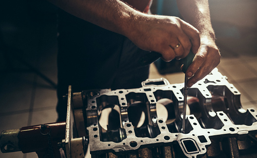 Car V10 engine repair close-up