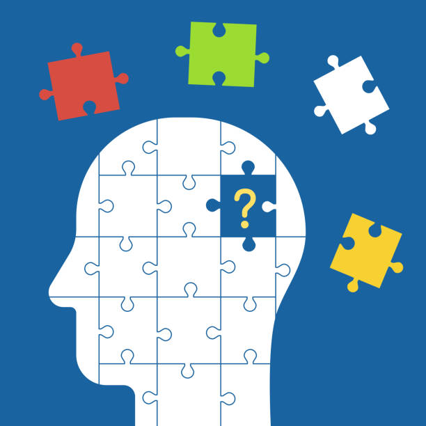 силуэт головы с кусочками головоломки - brain concentration mental illness intelligence stock illustrations