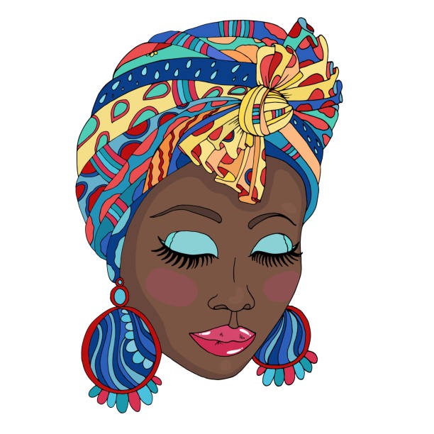 vector buntes porträt einer schönen afroamerikanerin in einem schal drape mit ornament und einem knoten auf dem kopf. schließen sie die gesichtsmoomodelle mit geschlossenen augen und großen ohrringen. isoliert auf weiß - woman face close up stock-grafiken, -clipart, -cartoons und -symbole