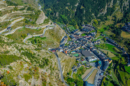 Aerial view of Canillo town viewed from Roc del Quer viewpoint at Andorra
