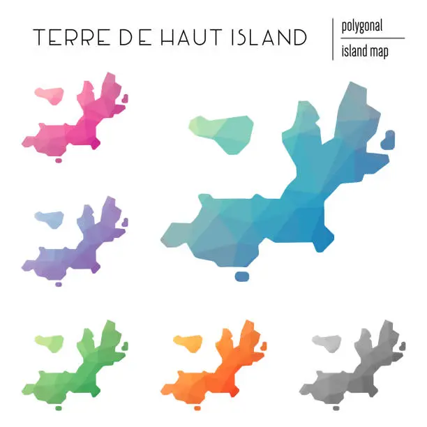 Vector illustration of Set of vector polygonal Terre-de-Haut Island maps filled with bright gradient of low poly art.