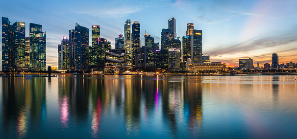 Downtown district and Marina bay in Singapore at dusk