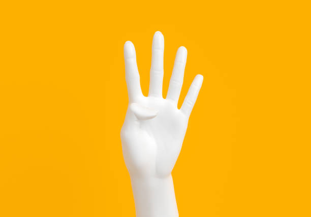 istock Four fingers hand gesture, white arm showing number 4, 3d rendering 1140898743