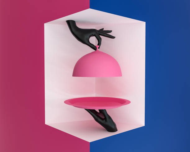 Platter with lid holding hands, opened restaurant cloche, something preparing concept promo banner. 3d rendering