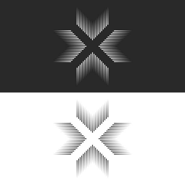 zbieżne 4 strzałki logo krzyż kształt t-shirt print, litera x tworzą czarno-białe linie, przekraczania czterech kierunkach w centrum skrzyżowania - vanishing point stock illustrations