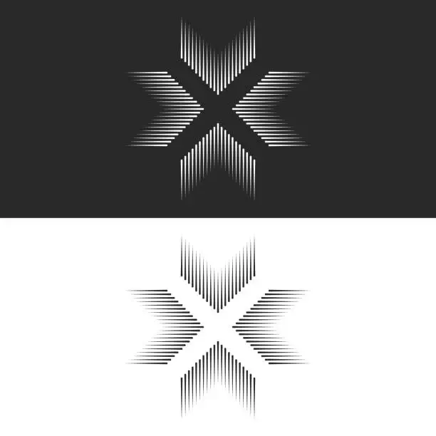 Vector illustration of Converge 4 arrows logo cross shape t-shirt print, letter X form black and white lines, crossing four directions in center crossroad