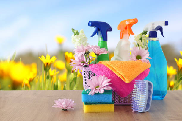istock Spring cleaning concept with supplies on wooden table 1140910374