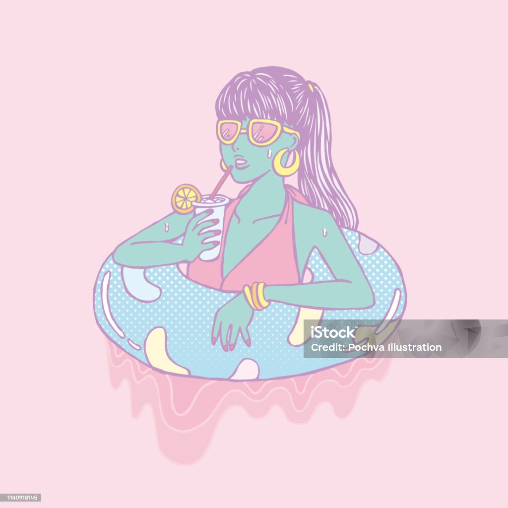 A girl in swimwear with a cold drink and a swimming float vector illustration Heat - Temperature stock vector