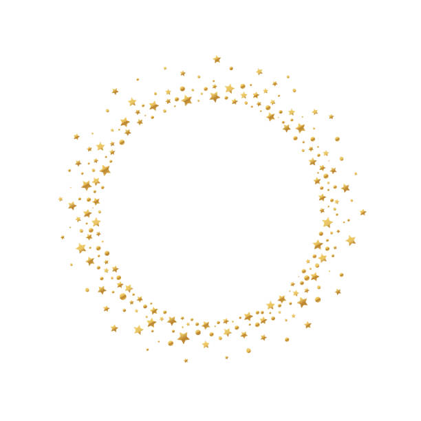 runder rahmen mit goldenen konfetti-sternen und kreisen, die auf weißem hintergrund isoliert sind. - gold wreath stock-grafiken, -clipart, -cartoons und -symbole