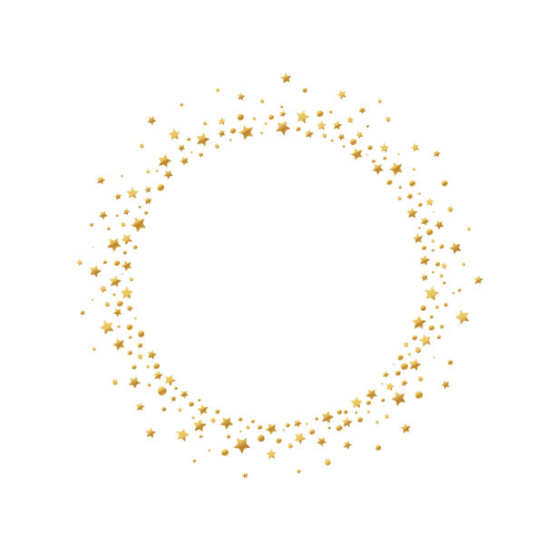 Round frame with gold confetti stars and circles isolated on white background. Round frame with gold confetti stars and circles isolated on white background. Golden explosion of confetti. Holiday background. rounded star shape stock illustrations