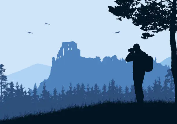 Vector illustration of Realistic illustration with silhouette of old castle ruins in mountain landscape with forest. Tourist with backpack takes pictures by camera. Blue sky with birds. Vector
