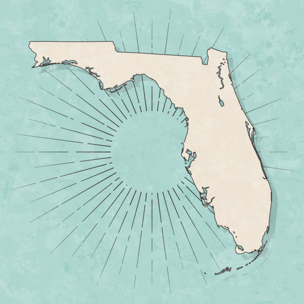 Florida map in retro vintage style - Old textured paper Map of Florida in a trendy vintage style. Beautiful retro illustration with old textured paper and light rays in the background (colors used: blue, green, beige and black for the outline). Vector Illustration (EPS10, well layered and grouped). Easy to edit, manipulate, resize or colorize. florida stock illustrations