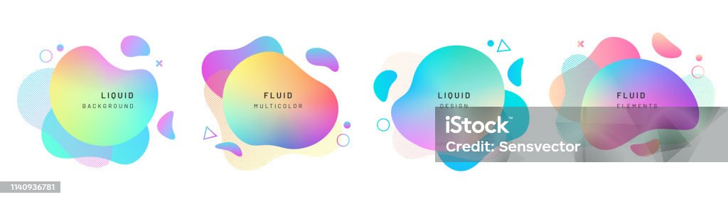 Set of isolated abstract liquid shapes, dynamic Set of isolated abstract liquid shapes. Elements for gradient fluid design. Background with dynamic forms and and circles. Colorful halftone overlapping splash. Modern graphic composition Shape stock vector