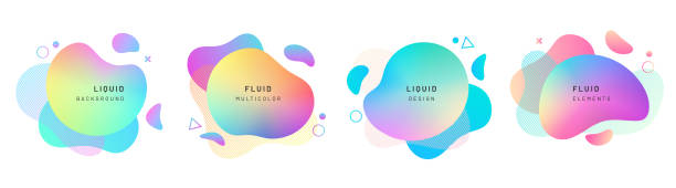 Set of isolated abstract liquid shapes, dynamic Set of isolated abstract liquid shapes. Elements for gradient fluid design. Background with dynamic forms and and circles. Colorful halftone overlapping splash. Modern graphic composition liquid stock illustrations