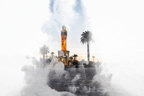 Clock tower, izmir Clock tower and spray paint with multiple exposure clock tower stock pictures, royalty-free photos & images