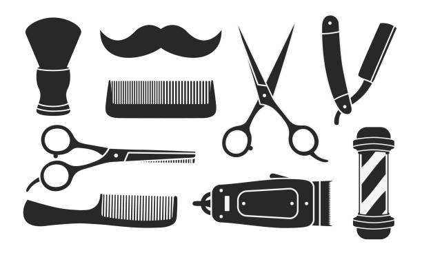 Set of 9 barbershop icons isolated on white background. 9 Barbershop and haircuts salon design elements. Vector illustration Vector illustration safety razor stock illustrations