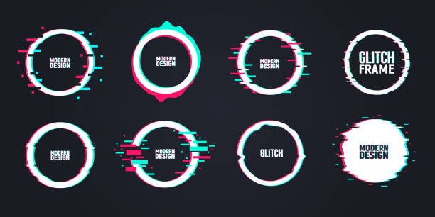 Circle glitch frames. Set of 8 circle glitch frames. TV noise effect. Modern trendy backgrounds for design banner, poster, cover. Vector illustration glitch technique stock illustrations