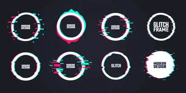 Vector illustration of Circle glitch frames. Set of 8 circle glitch frames. TV noise effect. Modern trendy backgrounds for design banner, poster, cover.