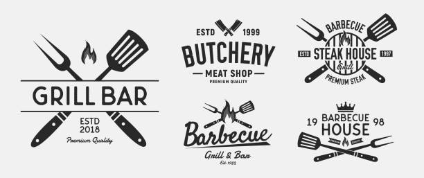 vector barbecue logo set. 5 vintage steak house embleme. grill-und restaurant-labels, embleme, logo. steakhouse, restaurant barbecue, butchery und fleischladen. logo-vorlage. - barbecue grill illustrations stock-grafiken, -clipart, -cartoons und -symbole