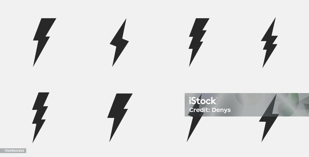 Set von 8 Blitzen. Blitz-Icons isoliert auf weißem Hintergrund. Vektorabbildung - Lizenzfrei Gewitterblitz Vektorgrafik