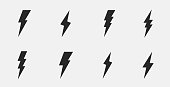 istock Set of 8 thunderbolts icons. Lightning icons isolated on white background. Vector illustration 1140944344
