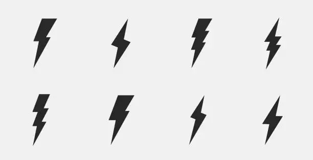 Vector illustration of Set of 8 thunderbolts icons. Lightning icons isolated on white background. Vector illustration