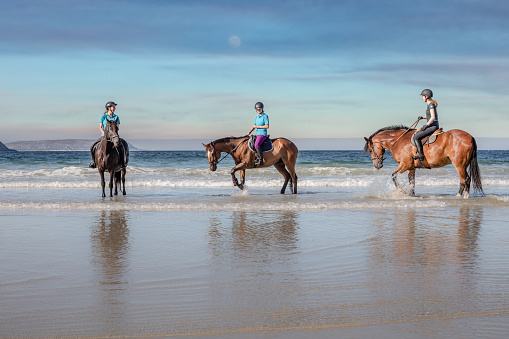 Three teenage girls on horseback standing in the water at low tide on the beach under a beautiful cloud sky with reflections of themselves in the water on the shore