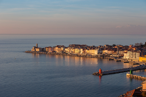 Sunset over picturesque old town Piran, Slovenia