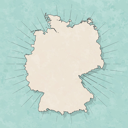 Map of Germany in a trendy vintage style. Beautiful retro illustration with old textured paper and light rays in the background (colors used: blue, green, beige and black for the outline). Vector Illustration (EPS10, well layered and grouped). Easy to edit, manipulate, resize or colorize.
