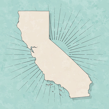 Map of California in a trendy vintage style. Beautiful retro illustration with old textured paper and light rays in the background (colors used: blue, green, beige and black for the outline). Vector Illustration (EPS10, well layered and grouped). Easy to edit, manipulate, resize or colorize.