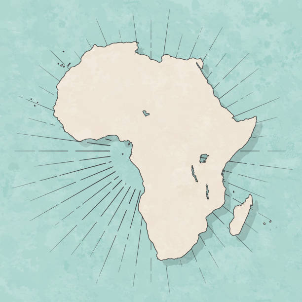 Map of Africa in a trendy vintage style. Beautiful retro illustration with old textured paper and light rays in the background (colors used: blue, green, beige and black for the outline). Vector Illustration (EPS10, well layered and grouped). Easy to edit, manipulate, resize or colorize.
