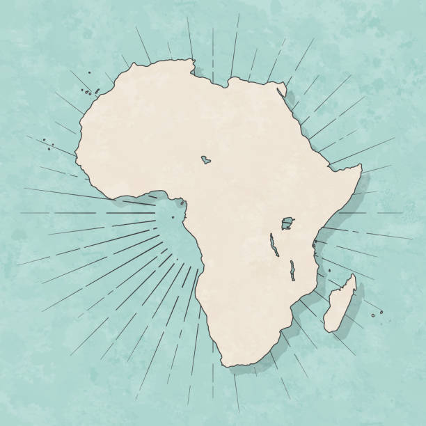 Africa map in retro vintage style - Old textured paper Map of Africa in a trendy vintage style. Beautiful retro illustration with old textured paper and light rays in the background (colors used: blue, green, beige and black for the outline). Vector Illustration (EPS10, well layered and grouped). Easy to edit, manipulate, resize or colorize. africa map stock illustrations