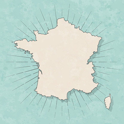 Map of France in a trendy vintage style. Beautiful retro illustration with old textured paper and light rays in the background (colors used: blue, green, beige and black for the outline). Vector Illustration (EPS10, well layered and grouped). Easy to edit, manipulate, resize or colorize.