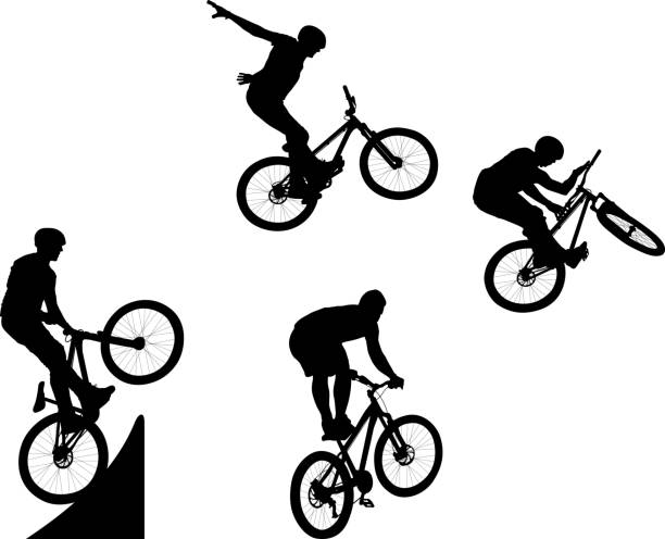 cyclist silhouette of male doing bike trick bmx racing stock illustrations