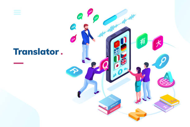 Smartphone, phone with online language translator Smartphone or phone with online language translator. Isometric view on translation app with flags, application for multilingual simultaneous communication or talk. Foreign language interpreter with AI sign language class stock illustrations